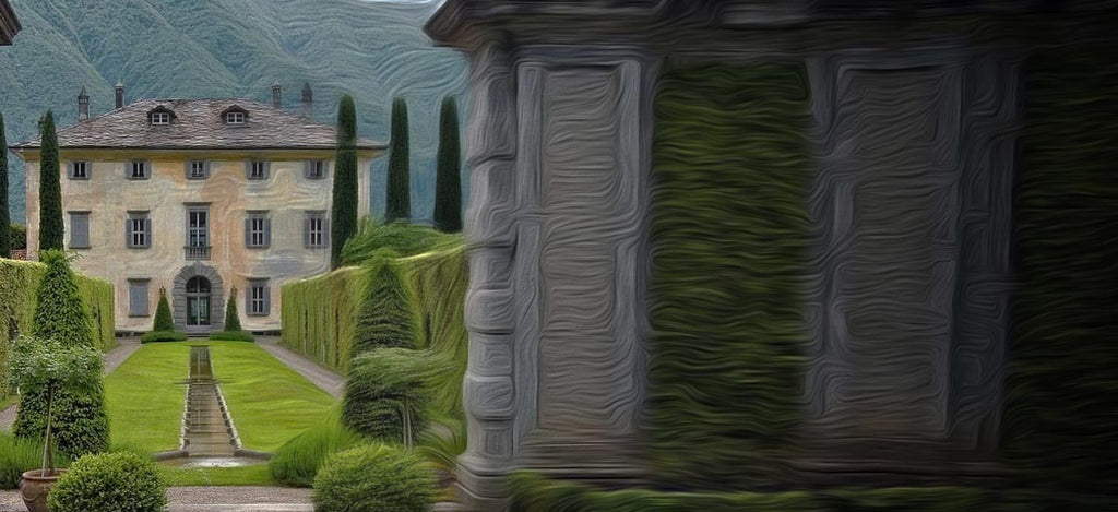Italian villa and beautiful gardens as a water painted picture