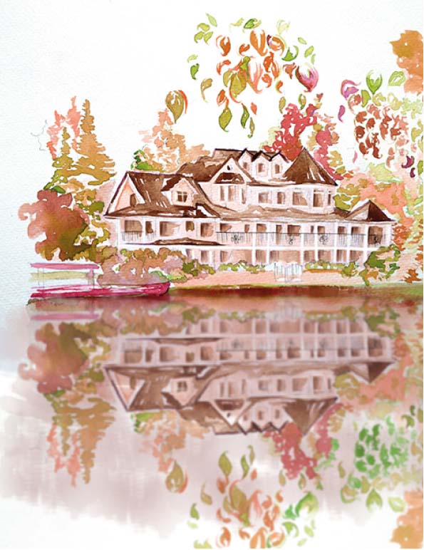 A painting of a luxurious white house sits on a river with its reflection by the shore