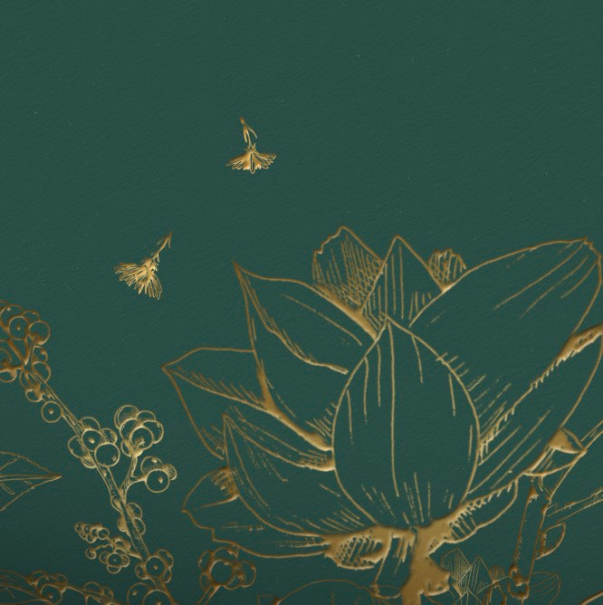 Emerald Green background with gold botanical flower illustrations