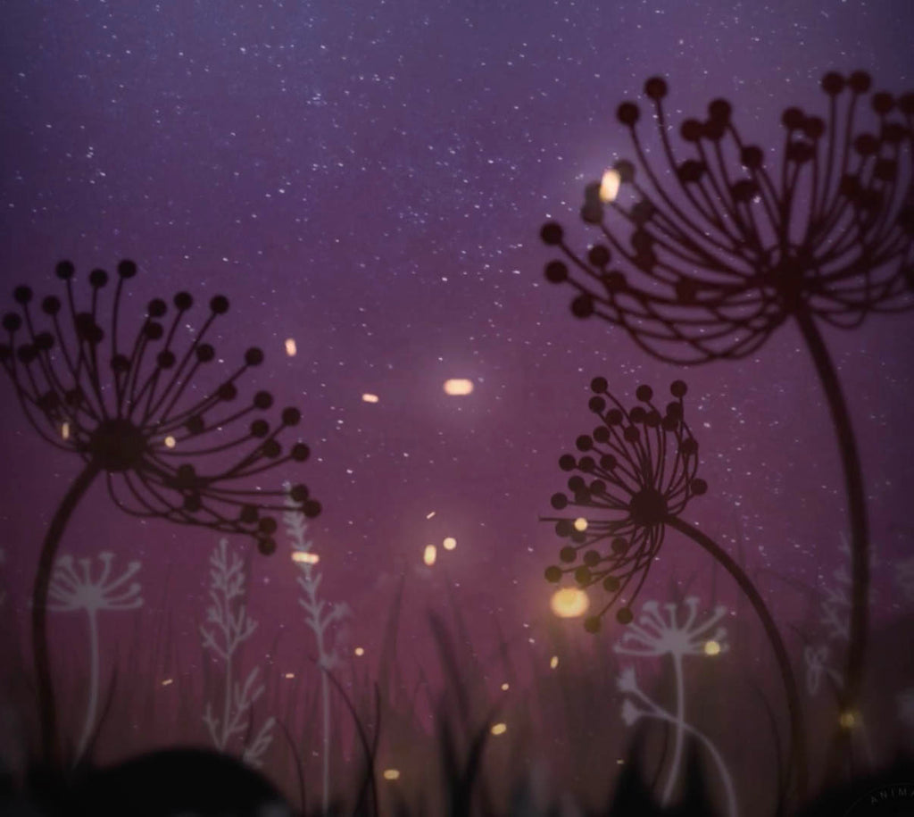Rustic Wedding Invitation Digital Animation Card with glowing fireflies and dandelions in front of a star filled sky at night