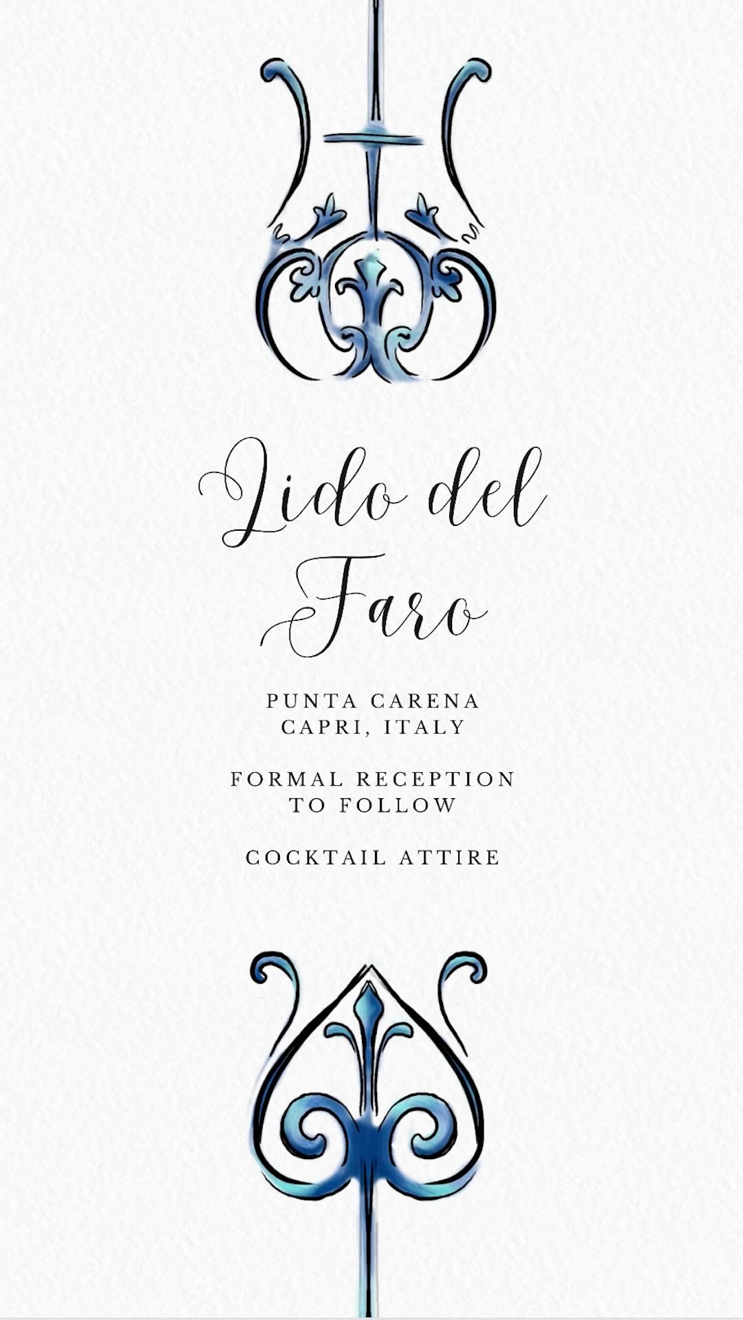 Blue Italian themed flourishes are coming from both top and bottom of the page. Creating a border for the text of a wedding invitation.