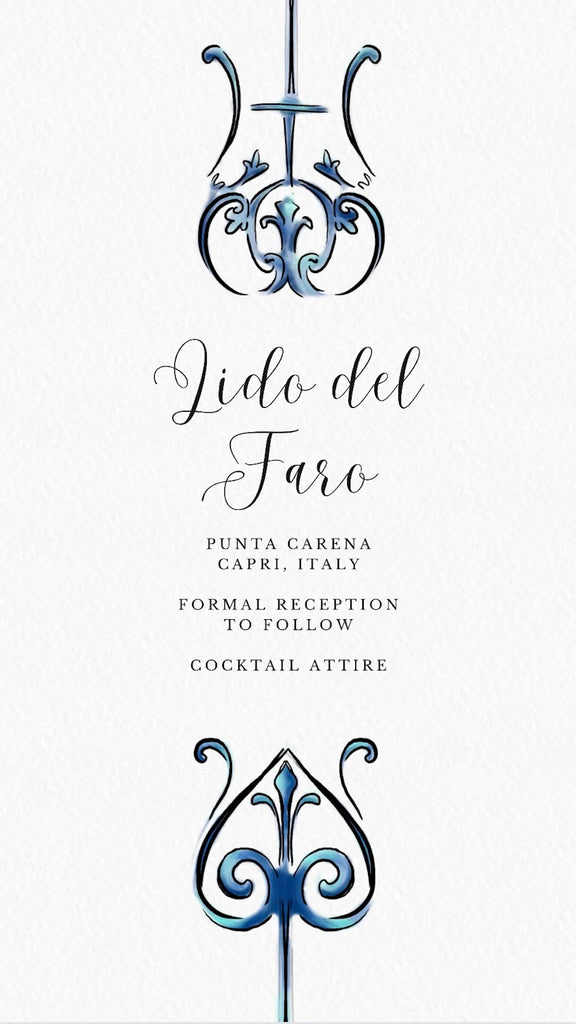 Blue Italian themed flourishes are coming from both top and bottom of the page. Creating a border for the text of a wedding invitation.