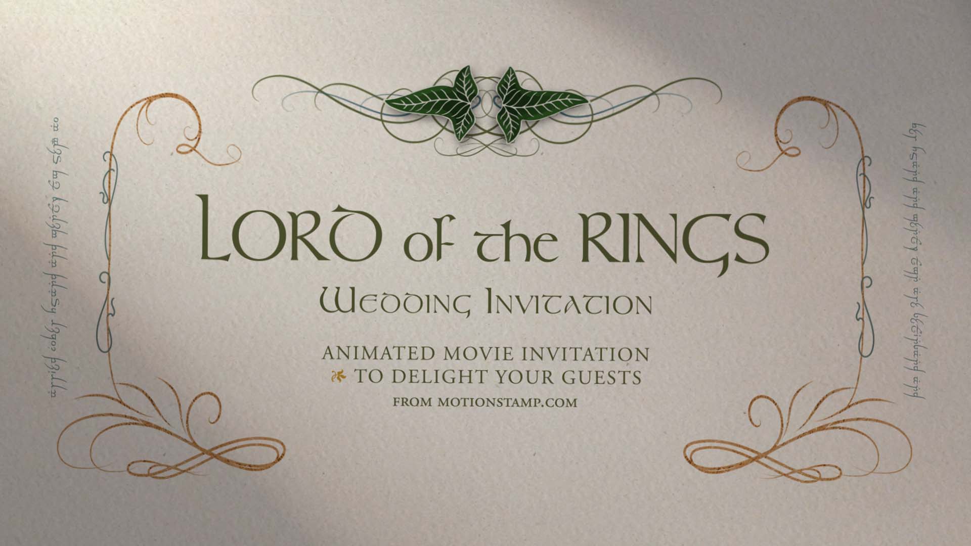 Elvish font from the Lord of the rings seres promotes a Lord of the Rings wedding Invitation, with elvish line work in gold and green framing the words. The green leaves of loren are positioned at the top of frame and blue runes are subtly posited to the far left and far right of frame.