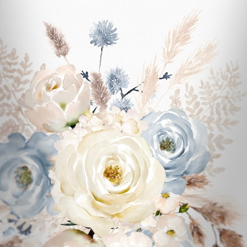 White and blue illustrated florals with pampas grass behind them.
