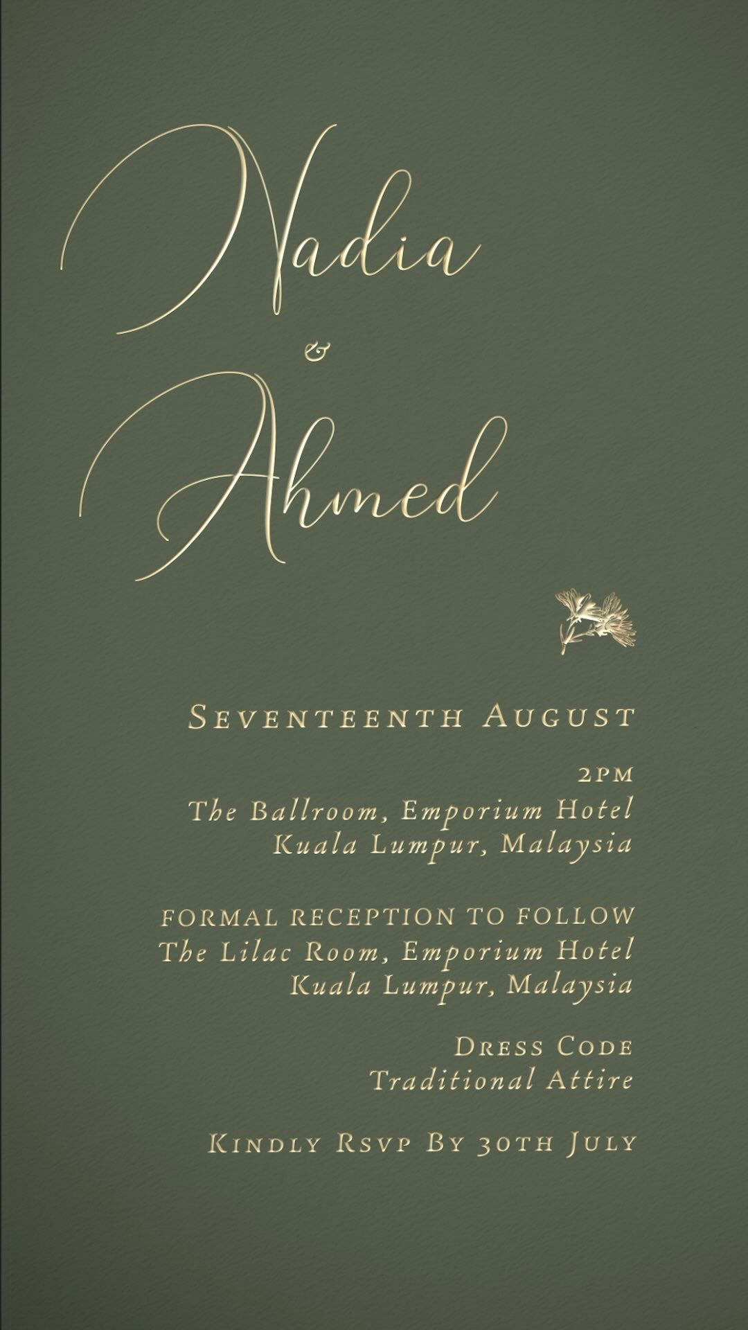 A sage green textured card has elegatn gold writing with the details of a wedding invitation.