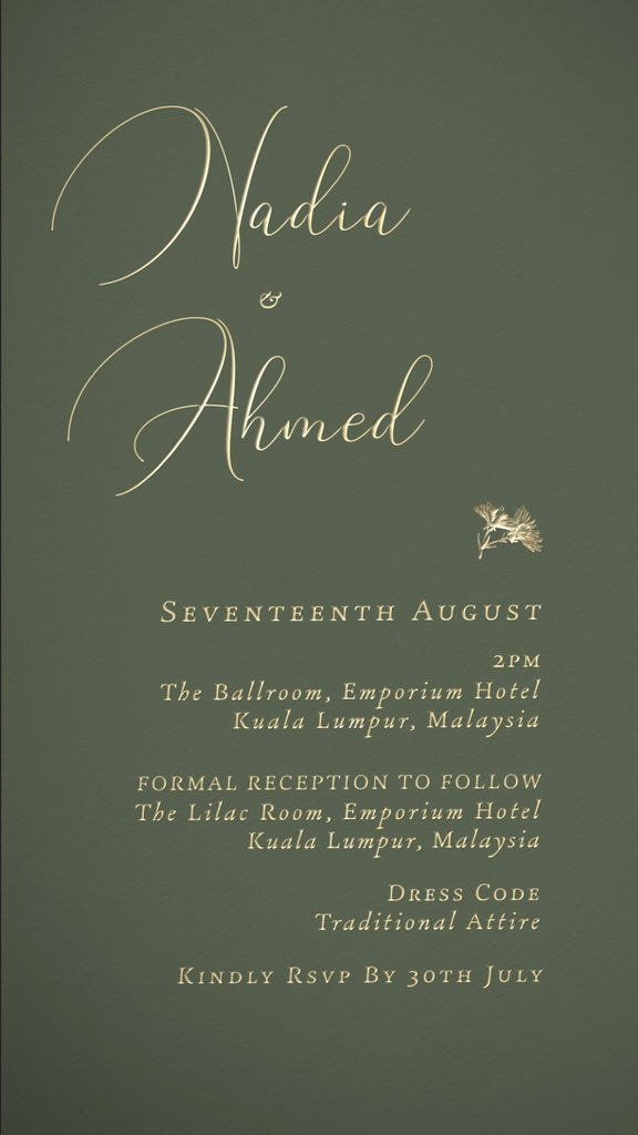 A sage green textured card has elegatn gold writing with the details of a wedding invitation.