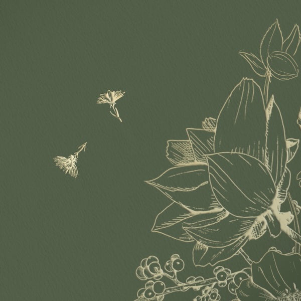 Sage Green paper background card with gold floral illustrations on top.
