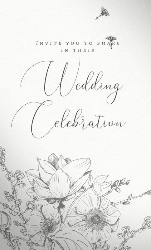 Text 'Wedding celebration' written in elegant handwriting over a illustration floral bouquet