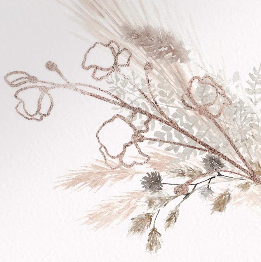 Gold and neutral tone boho grass bouquet with folral illustration.