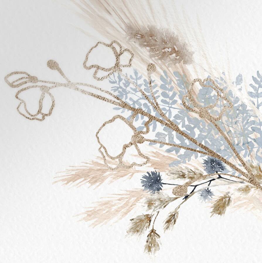 Gold floral illustration and with coffee and blue coloured pampas grass in a bouquet.
