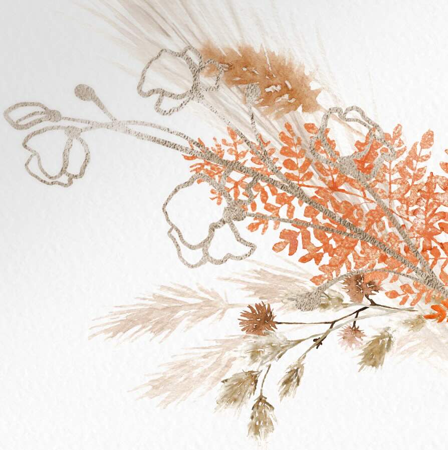 Bright orange fern with boho florals and pampas grass illustrations. 