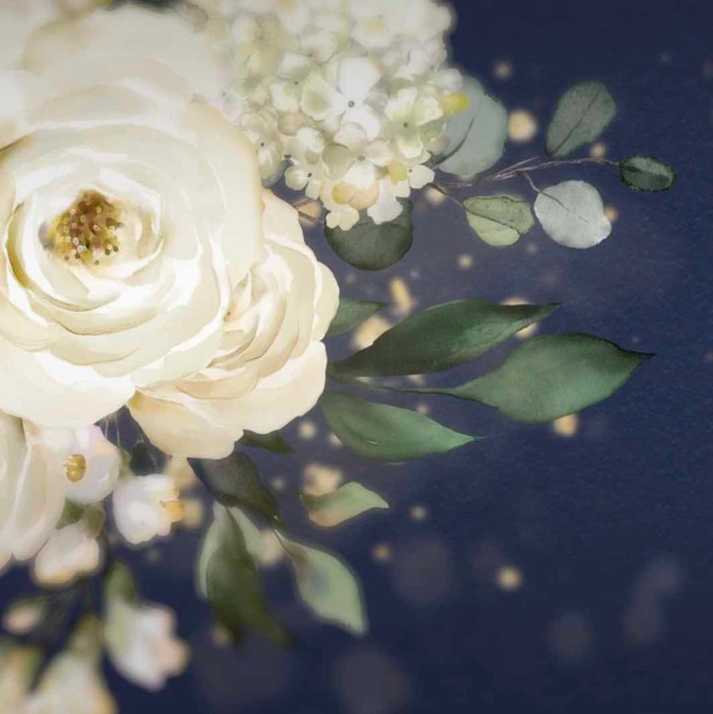 White wedding bouquet infront of a blue card background