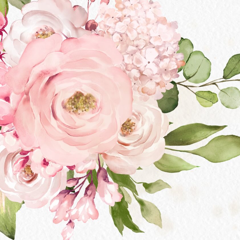 pink florals and green leaves. 