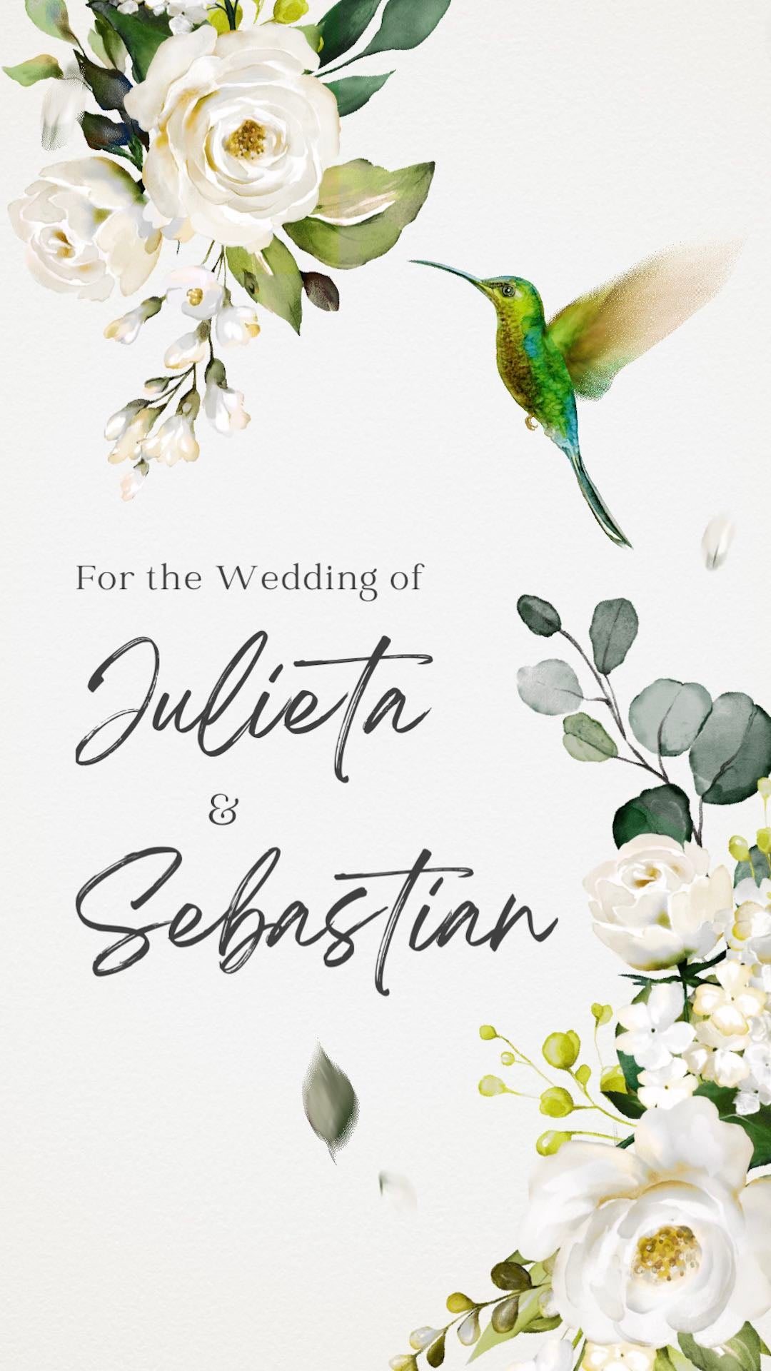 Hummingbird flying around a beautiful floral arrangement with Wedding invitation details