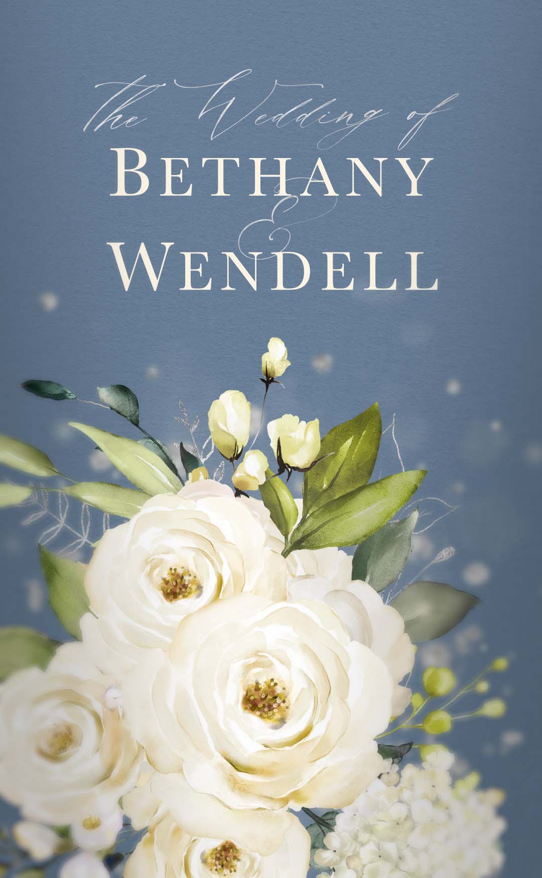 Dusty blue background card with white florals and wedding wording written above. 