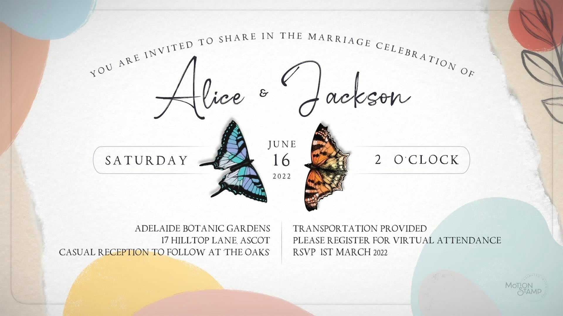 Two hand drawn butterflies sit in between the elegant font of a wedding invitation. 