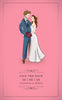 An illustrated bride and groom couple peer into each others eyes with their wedding details written underneath.