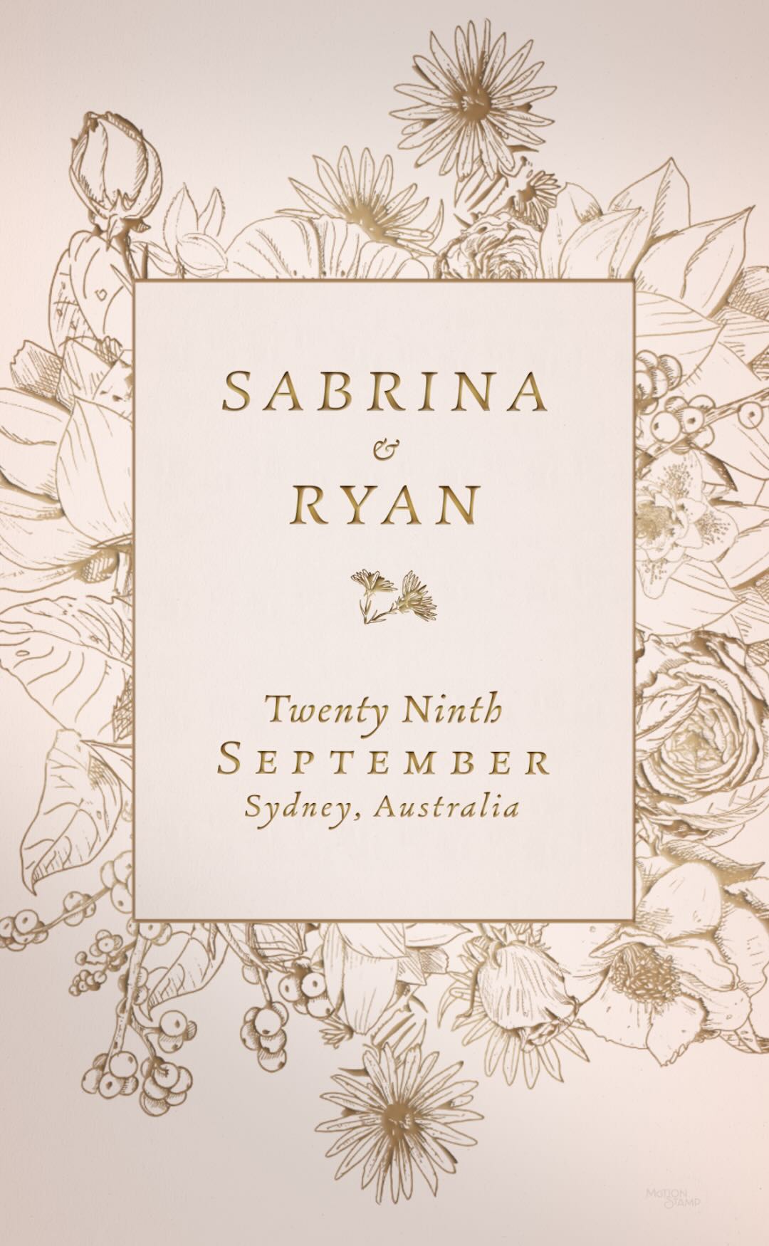 Classic light pink wedding card design with gold font.