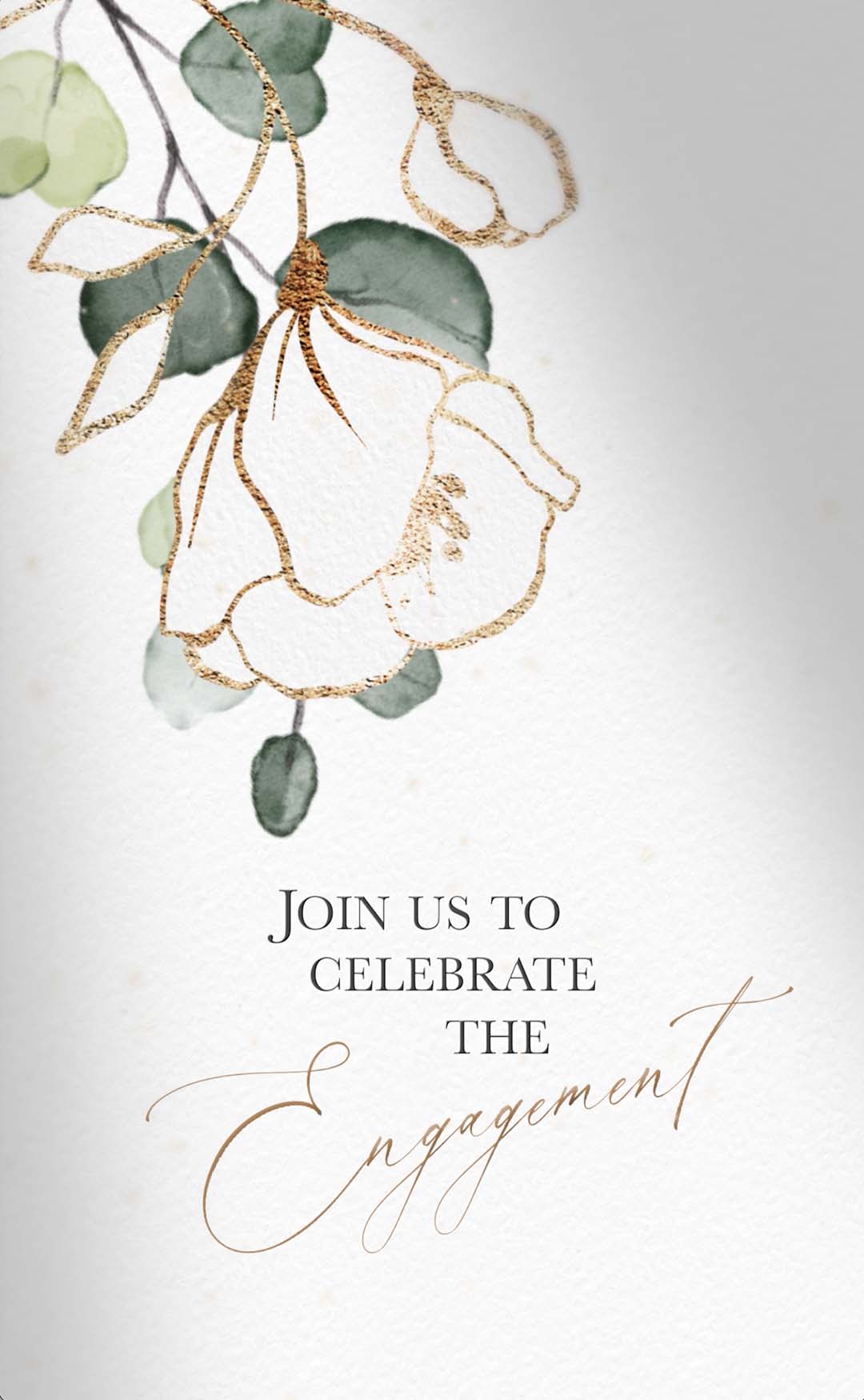 Elegant gold flower with green petals surround engagement party text written in gold. 
