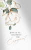 Elegant gold flower with green petals surround engagement party text written in gold. 