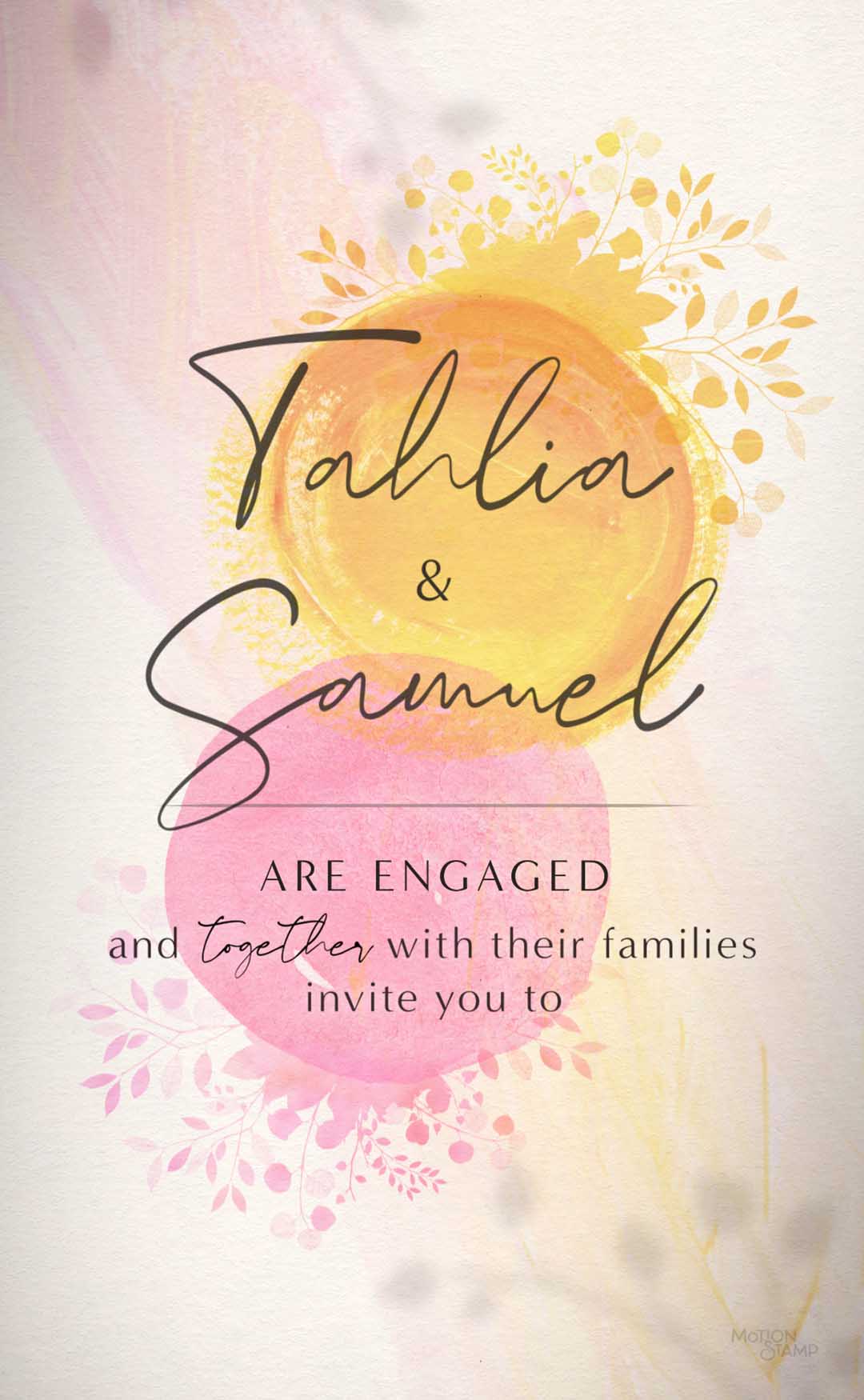 Yellow and red circular watercolour artwork sits as they background for a modern styled engagement invitation font.