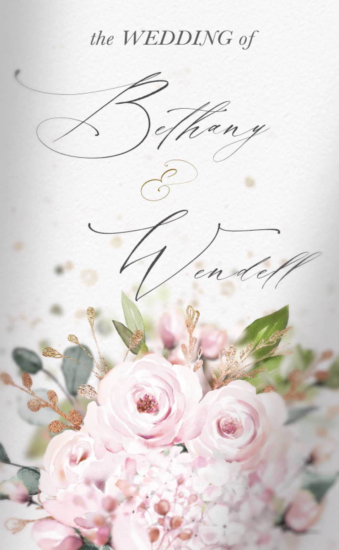 Pink flowers sit at the bottom of frame in a wedding bouquet with the name of a bride and groom written above in calligraphy.