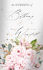 Pink flowers sit at the bottom of frame in a wedding bouquet with the name of a bride and groom written above in calligraphy.