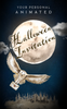 Harry Potter's owl flies in front of an illustrated moon with the words Halloween Party written on it. 