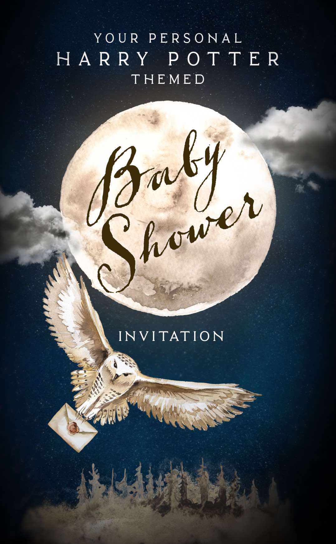 Illustrated barn owl flying in front of a moon carrying an invitation. 