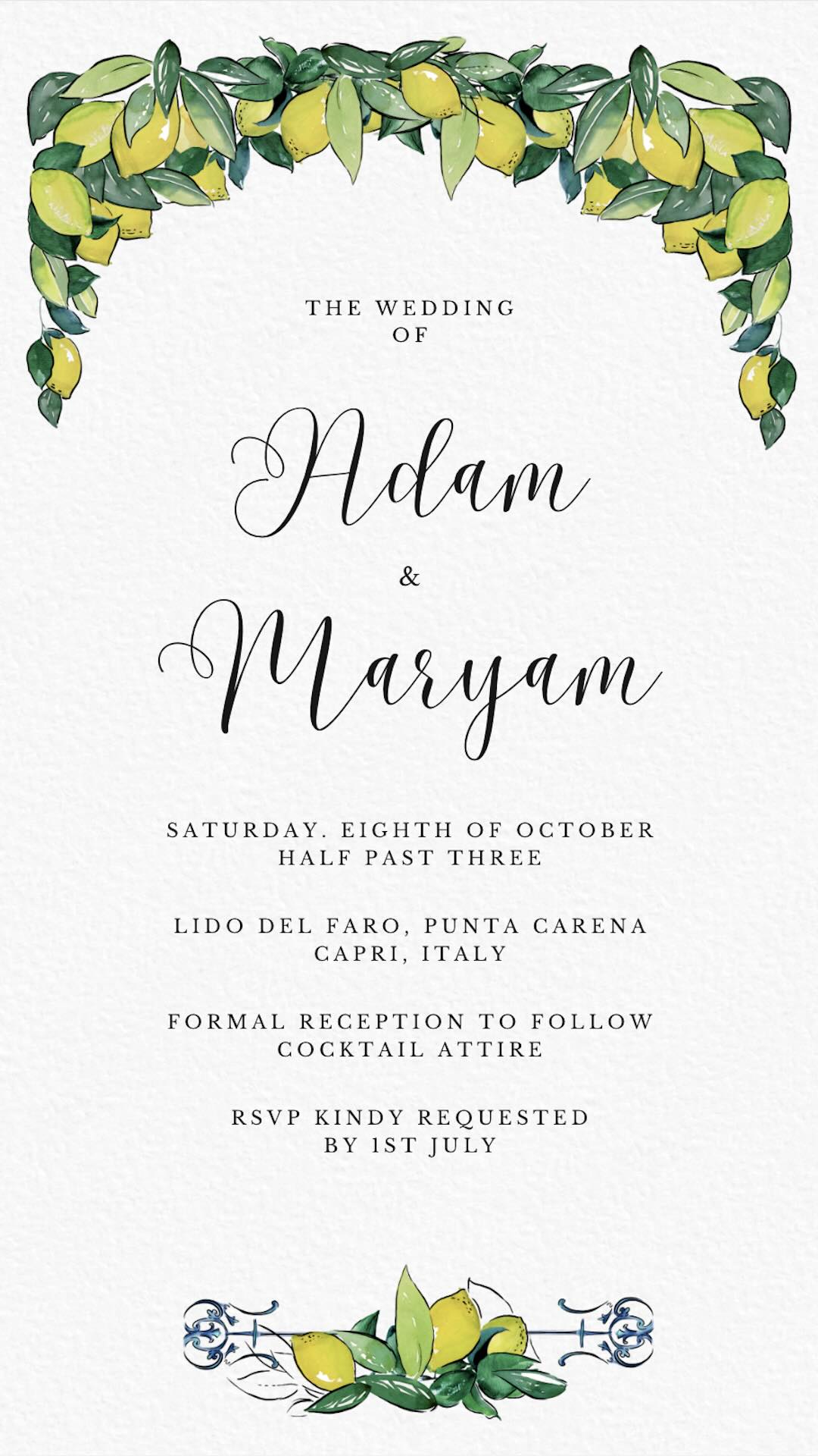 Watercolor art of lemons on a vine surround the text of a wedding invitation in handwritten font. 