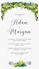 Watercolor art of lemons on a vine surround the text of a wedding invitation in handwritten font. 