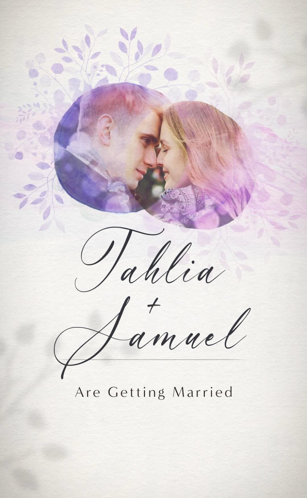 Young couple in profile look into each others eyes, surrounded by lavender and lilac watercolor artwork. 