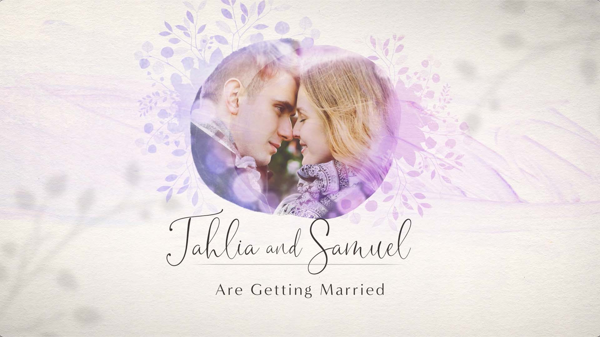Young couple peering into each others eyes, surrounded by lavender and purples watercolor circles. 