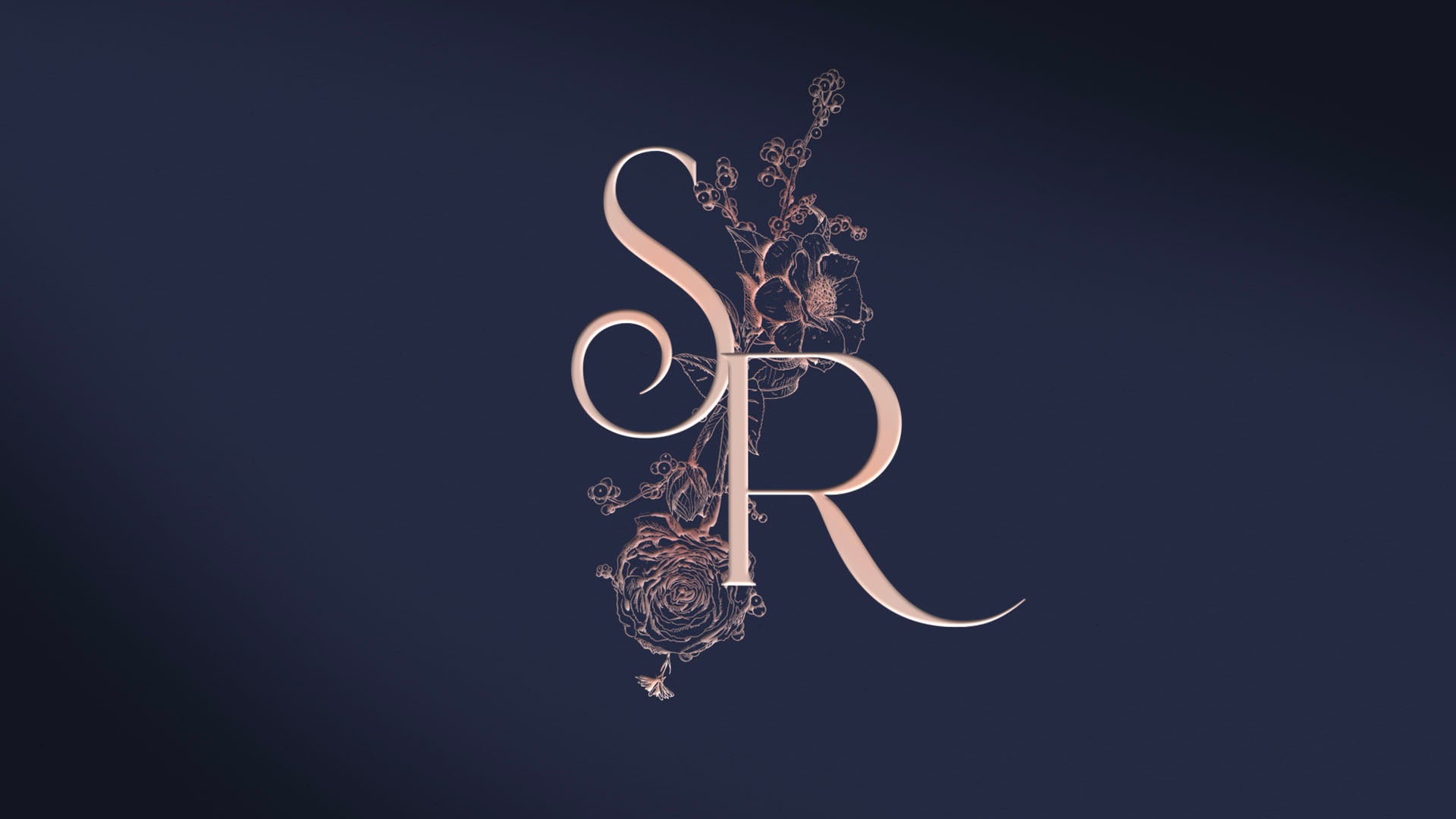 Navy and blush wedding initials design over elegant wedding card.