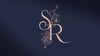 Navy and blush wedding initials design over elegant wedding card.