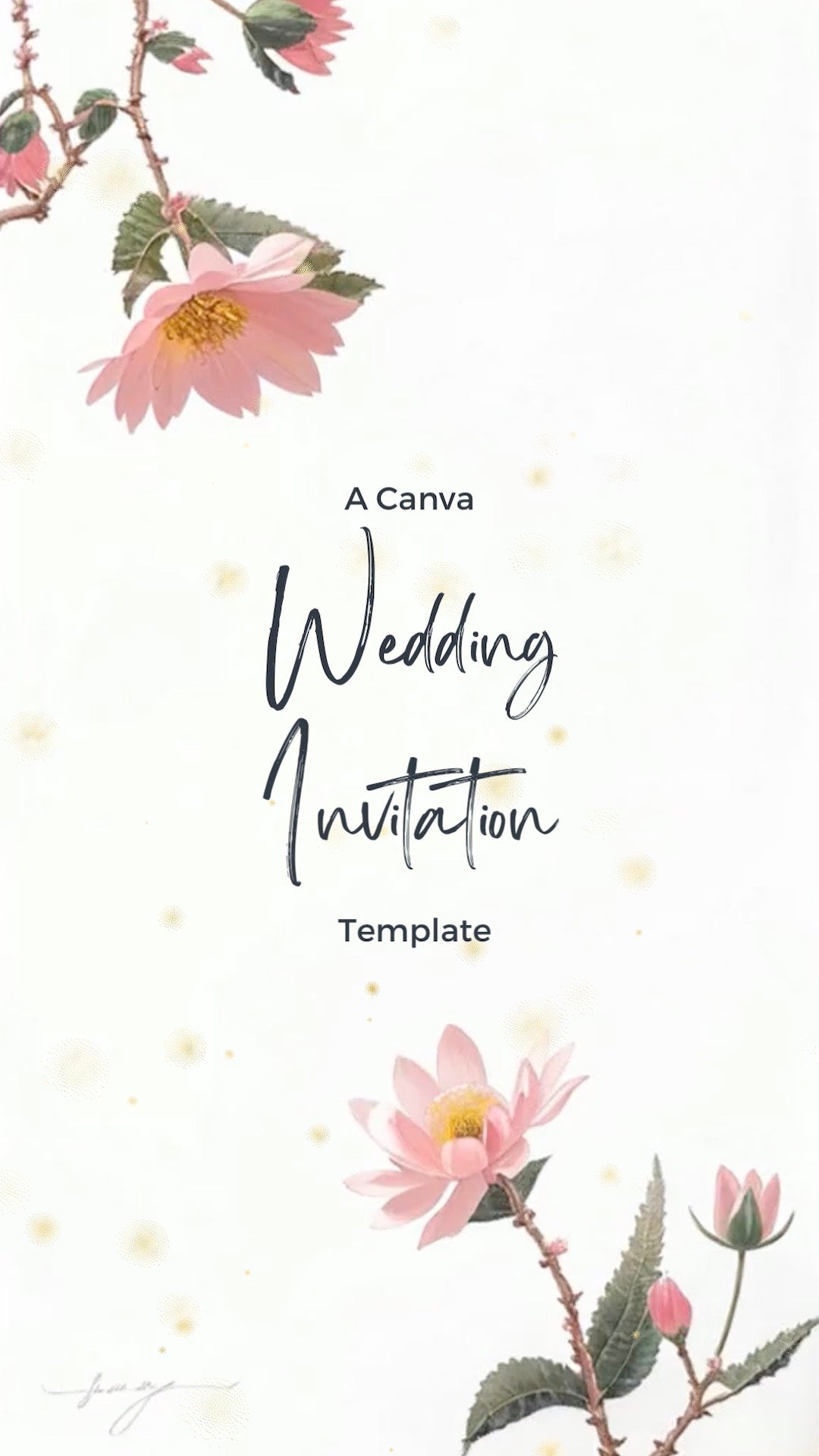  Pink flowers surround wedding invitation information. 