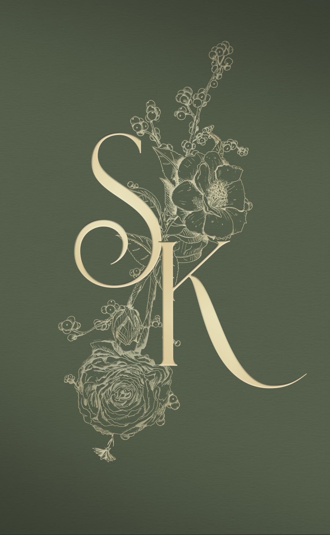 Sage green wedding monogram with gold design.