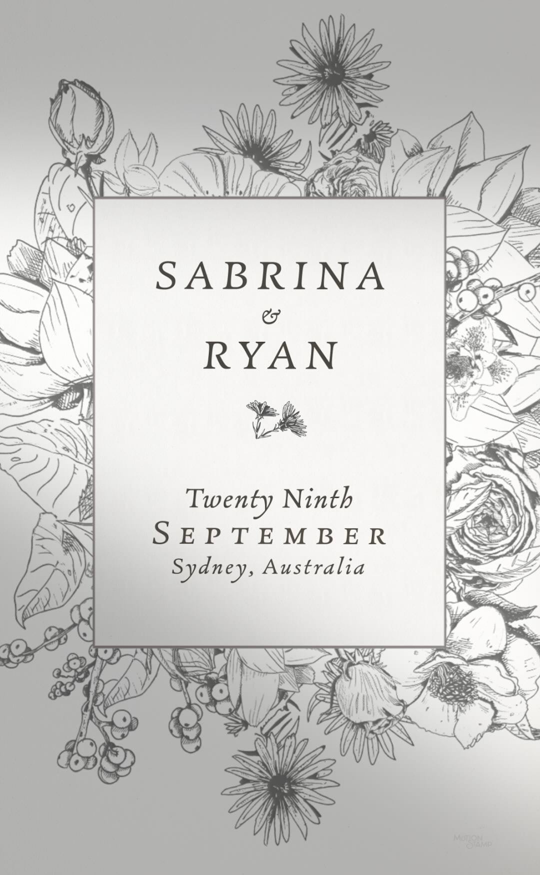 Vintage black and white wedding design with illustrated florals.