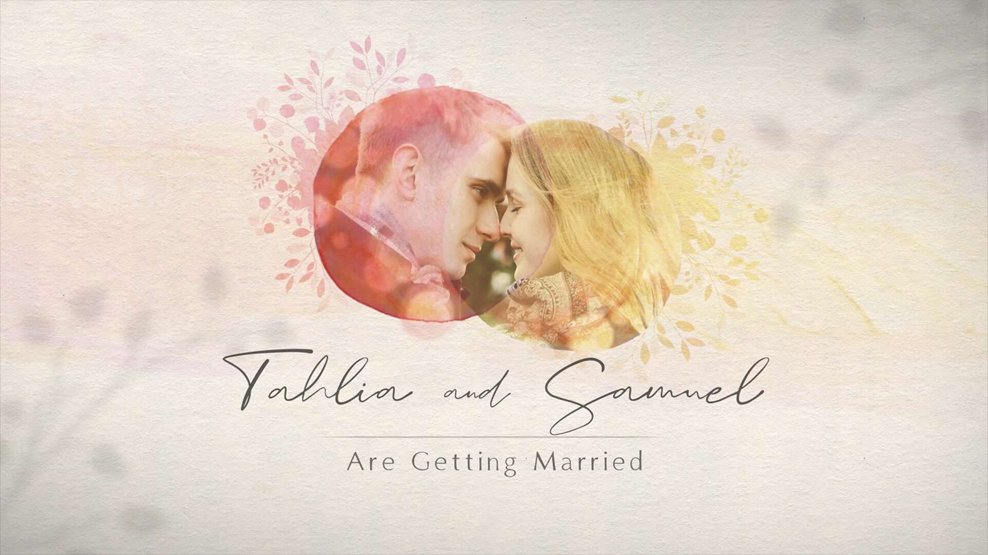 Young man and woman peering into each others eyes, surrounded by yellow and red watercolor circles. 
