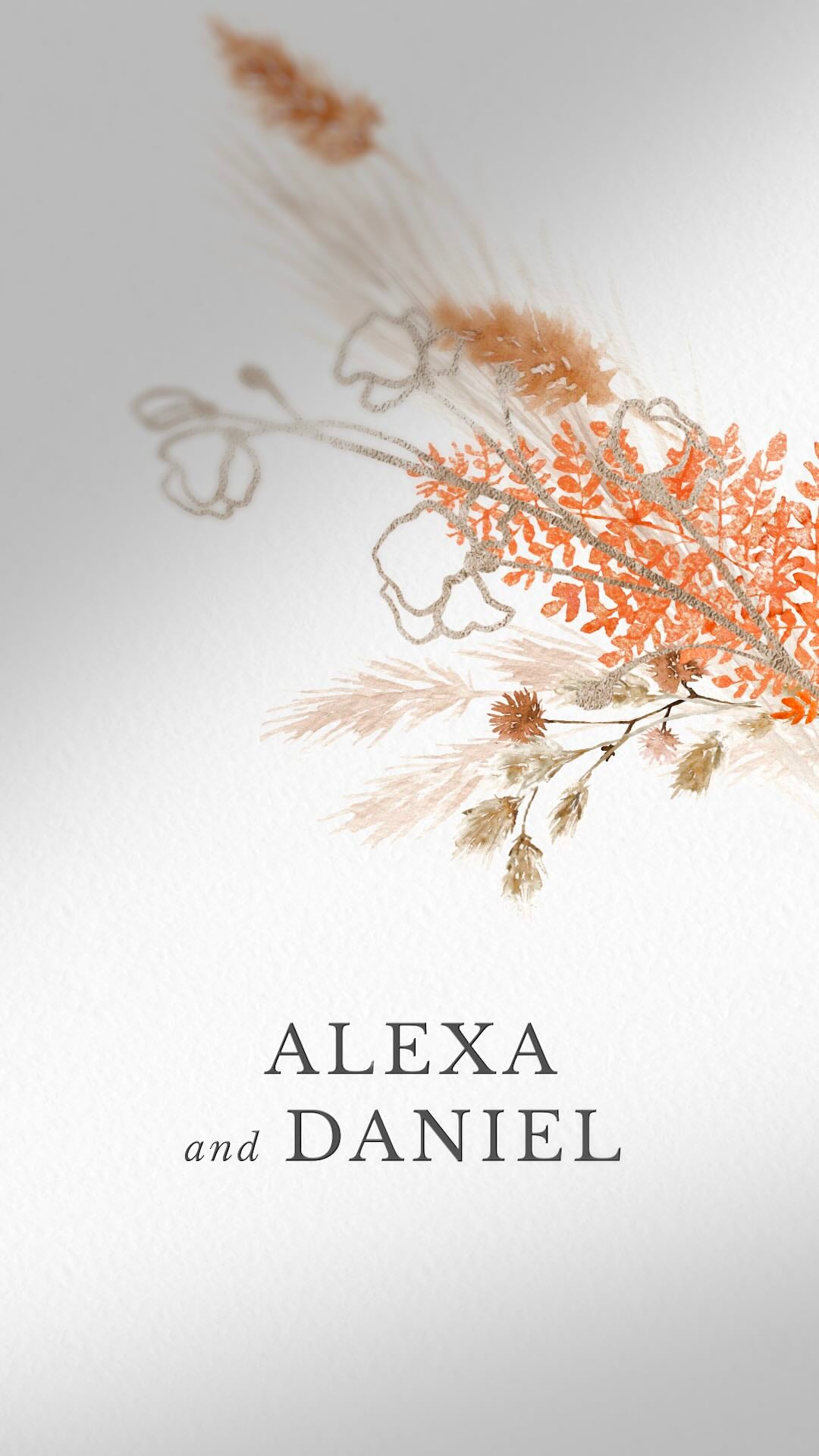 Orange terracotta boho styled floral wedding bouquet animated over elegant weeding text. 