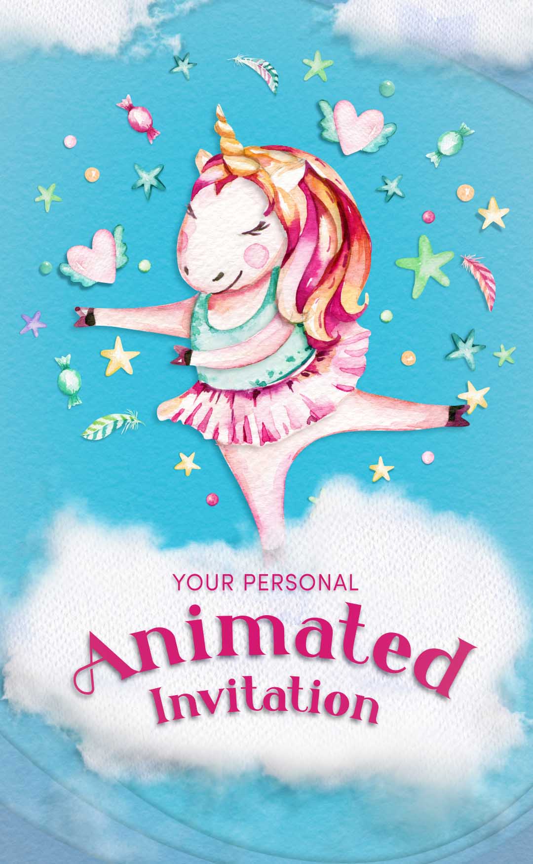 An illustrated unicorn ballerina spins on a cloud above birthday invitation text details. 