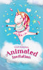 An illustrated unicorn ballerina spins on a cloud above birthday invitation text details. 