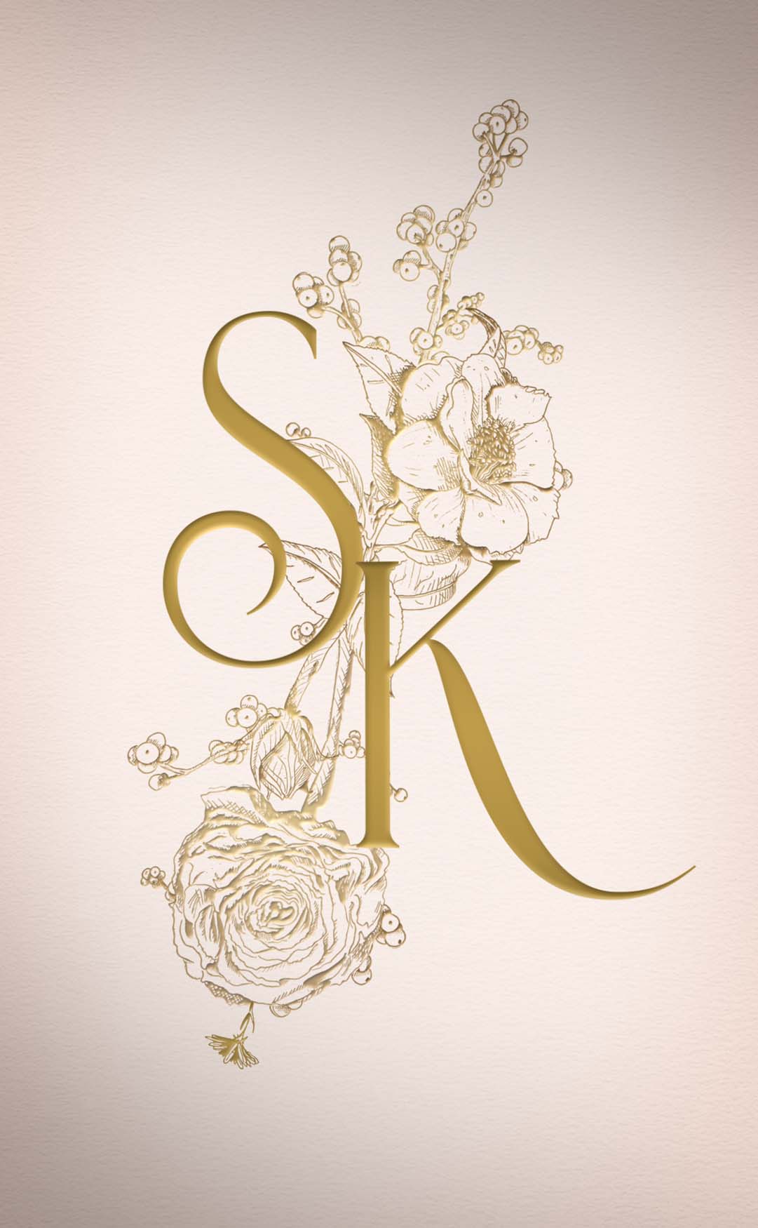 Blush Pink Wedding Monogram with Gold floral illustrations. 