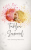 A couple looking into each others eyes, surrounded by watercolor paint that is red and yellow. 
