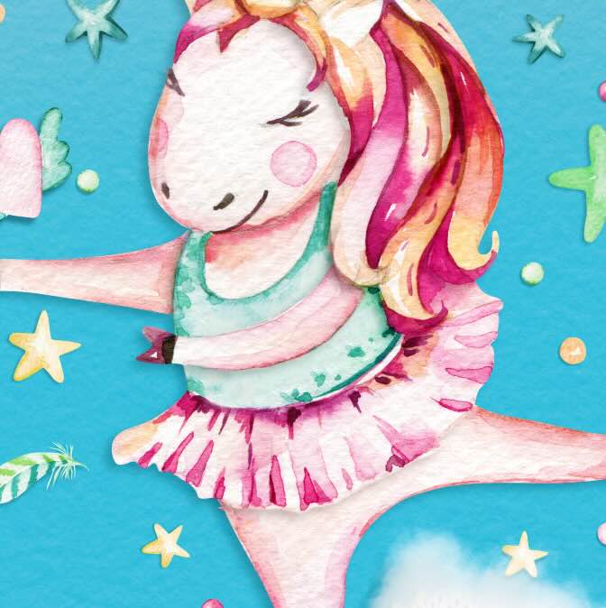 Illustrated unicorn dancing with stars around it. 