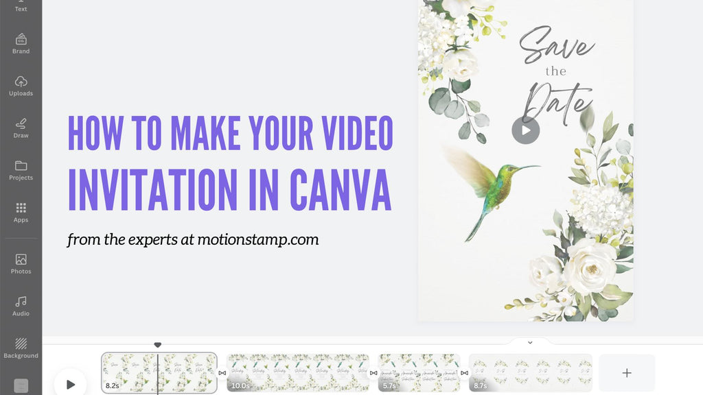 A example image from within the canva video editor, showing a wedding invitation being edited on the video timeline. The title of the explainer video 'How to make your video invitation in Canva' sits over the top of the image. 