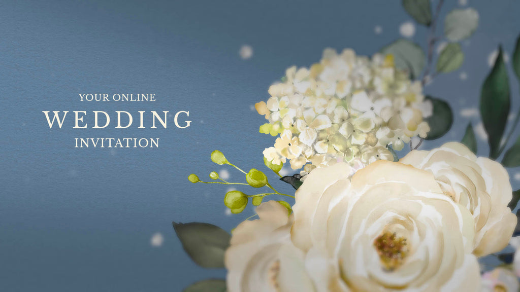 Dusty blue card is the background to white wedding floral bouquet. The words 'your Online wedding invitation' are featured in a cream formal serif font.