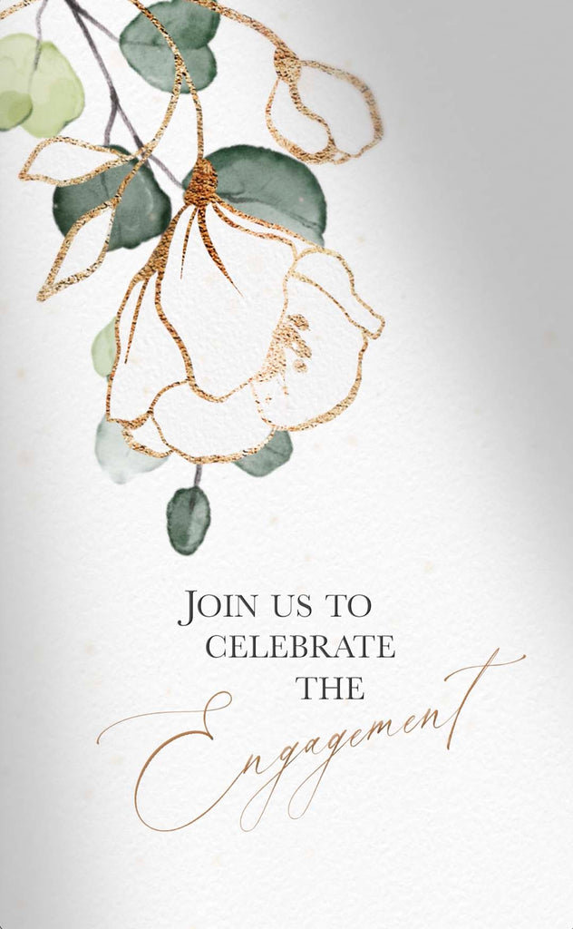 Illustrated gold flower and green leaves hover over the text join us to celebrate the engagement