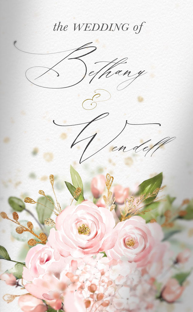 Blush Pink Floral bouquet with the text 'The Wedding of Bethany and Wendell' written above it in elegant font