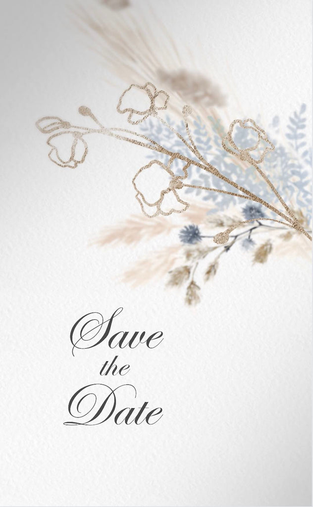 Boho style flowers bend down to point the elegant text saying Save the Date